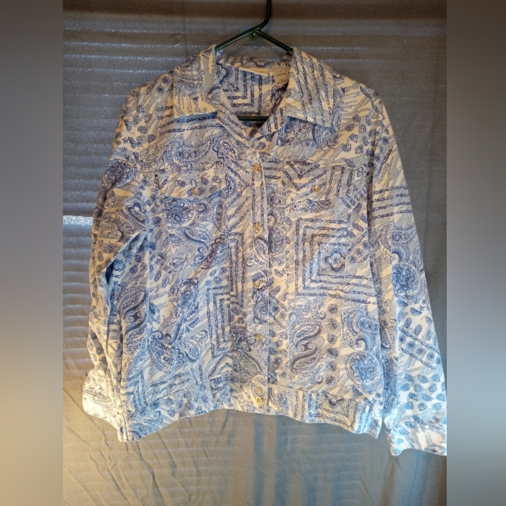 Alfred Dunner Blue and White Patterned Button-Up Floral Jacket